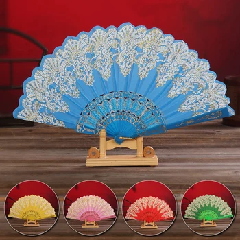 Складной ручной веер в китайском стиле, высококачественный танцевальный реквизит для свадебной вечеринки, кружевной шелковый блестящий ручной веер, реквизит для выступлений, многоцветный