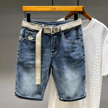 Летние Тонкие прямые стрейчевые джинсовые шорты 2023 года для мужчин, повседневная одежда, классические однотонные брюки, короткие джинсы, уличная одежда