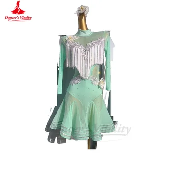 Женское платье для латиноамериканских танцев, сетчатое платье с длинными рукавами и камнями, одежда для соревнований по танго-Чаче, юбка, Латиноамериканские платья