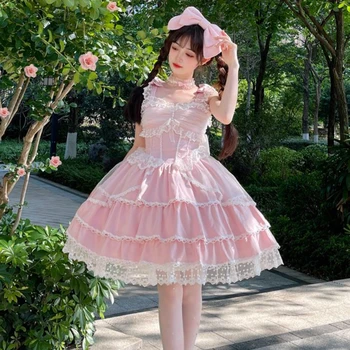 Японское платье Sweet Lolita Jsk, женские платья принцессы без рукавов с кружевным бантом Kawaii, готические Элегантные Тонкие многоуровневые платья для тортов