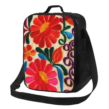 Искусство вышивки Мексиканскими цветами Изолированные сумки для ланча для кемпинга, путешествий, Текстиль, цветочный Фольклор, Сменный холодильник, Термос для ланча