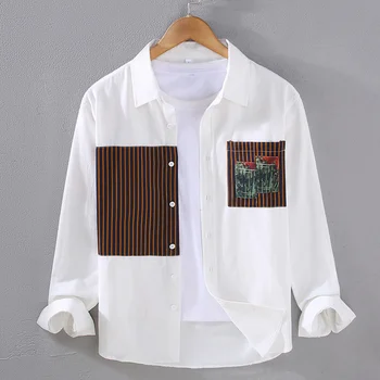 2023 Осенняя Новая рубашка Поло с воротником и длинными рукавами для мужчин, модная повседневная рабочая одежда свободного кроя, белая, высокого качества