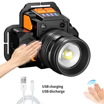 USB Перезаряжаемая светодиодная индукционная фара, факел с зумом, фонарик, водонепроницаемый для пеших прогулок, кемпинга, Мощная фара