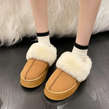 Зимние новые плюшевые тапочки, модные теплые меховые нескользящие зимние ботинки Baotou на плоской подошве, мини-комфортная утолщенная женская хлопчатобумажная обувь