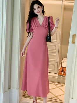 Летнее Розовое длинное платье с пышными рукавами и V-образным вырезом, Женское однотонное элегантное Офисное женское платье 2023, Корейское модное облегающее вечернее платье для вечеринки