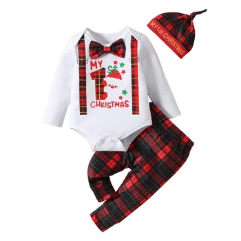 Для маленьких мальчиков и девочек Рождественский комбинезон с принтом Санта-Оленя с длинным рукавом, боди, принты, Клетчатые брюки, шляпа, Комплект из двух предметов для мальчиков 6 лет