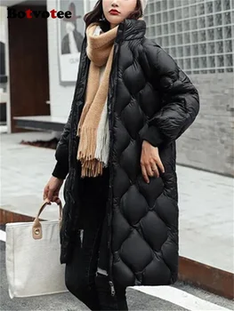 Botvotee, Корейские Модные Парки для Женщин, Зима 2023, Новые Элегантные Повседневные Свободные Пальто с Длинным Рукавом, Женская Утепленная Теплая Однотонная Куртка