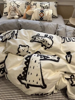 INS1.2-1.8 М черно-белый комплект постельного белья для котенка-крокодила с граффити из четырех частей, полностью хлопчатобумажный, художественное стеганое одеяло, комплект простыней из