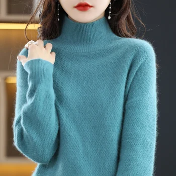 Новый женский кашемировый свитер из 100% норки, пуловер, утолщенный, свободной вязки, полу-водолазка, женский свитер с длинными рукавами