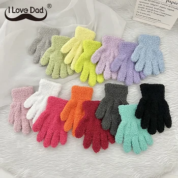Зимние детские перчатки из кораллового флиса ярких цветов, вязаные варежки для малышей, мягкие, утолщенные, теплые детские перчатки с полными пальцами для рук.