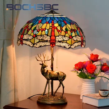 BOCHSBC Настольная лампа с витражным стеклом Тиффани elk Blue dragonfly в стиле арт-деко гостиная Столовая бар прикроватная тумбочка для спальни офисная лампа