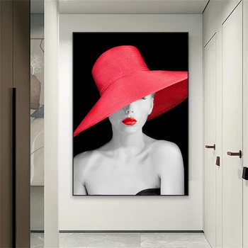 Женщина с плакатом в красной шляпе, модная девушка, картина на холсте, современная элегантная леди, принты, Женственная красная помада, украшение для спальни