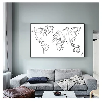 Живопись, плакаты на скандинавскую тему и принты, настенное искусство, черно-белые настенные панно для гостиной, Абстрактная геометрическая карта мира, холст