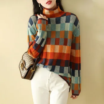 Зимний свитер Женский Geometry Y2k Geometry, Вязаный Джемпер с высоким воротом, Универсальный пуловер с длинным рукавом, Женская Корейская мода