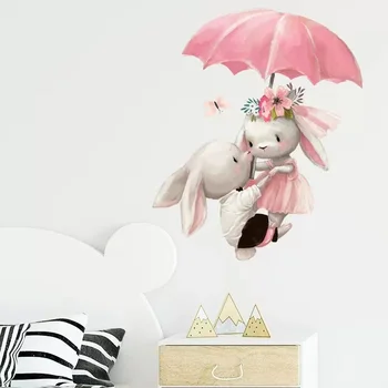 Подростковый мультфильм, укрывающий от дождя кролика, наклейка на стену в виде сердечка, детская комната, украшение детской комнаты kawai cartoon bunny wallpa