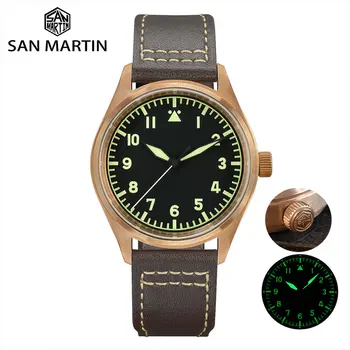 Мужские автоматические механические часы San Martin Bronze Pilot Watch Military YN55A в простом ретро-стиле, кожаный ремешок, светящийся на 20 бар.