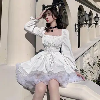 Корейское Милое Белое платье принцессы с длинным рукавом, Элегантное мини-платье трапециевидной формы, Женское модное платье Y2k