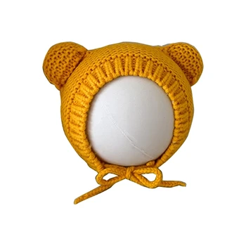 Теплая детская вязаная шапка с ушками мультяшного медведя, капор для новорожденных и малышей