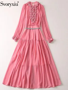 Svoryxiu Весенне-летнее дизайнерское элегантное платье розового цвета длиной до щиколоток, женское платье с рукавами-фонариками, аппликации, бриллианты, платье с высокой талией
