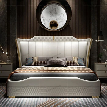 Современная роскошная кожаная кровать В главной спальне Простая двуспальная кровать Home Nordic Премиум-класса с позолоченным покрытием