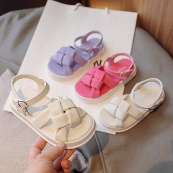 Новые однотонные сандалии для девочек, модные детские сандалии с крючком и петлей, пляжная детская летняя обувь принцессы на мягкой подошве