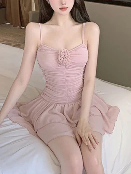 Летнее Розовое Сексуальное Милое платье на бретелях, женское Корейское модное вечернее мини-платье, женское Дизайнерское платье на подтяжках с оборками и открытой спиной 2023