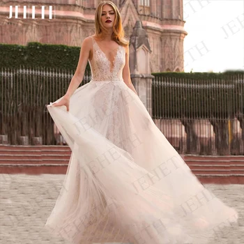 Свадебные платья JEHETH для женщин, кружевное свадебное платье без рукавов в стиле бохо для невесты, Иллюзионное свадебное платье трапециевидной формы, богемный халат для свадьбы