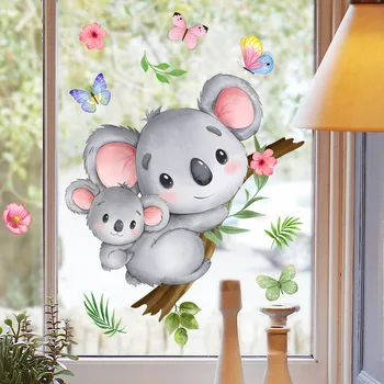Наклейка на стену с изображением милого животного Коалы, цветка, окна гостиной, обои для украшения дома своими руками, самоклеящиеся наклейки для стекла спальни