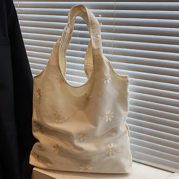 Женская сумка через плечо, холщовая сумка с милой маргариткой, сумка для подмышек, большая вместительность, модная летняя повседневная простая портативная сумка для покупок, сумочка