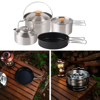 Набор походной посуды для кемпинга из нержавеющей стали с антипригарным покрытием, кастрюли и чайник