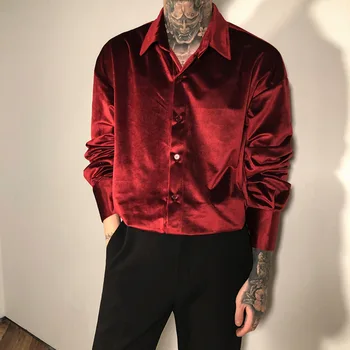 Бархатная Красная одежда для мужчин, Бордовые велюровые рубашки, мужские винтажные Элегантные плюшевые блузки, Черные мужские рубашки, вечерние Blusa Masculina