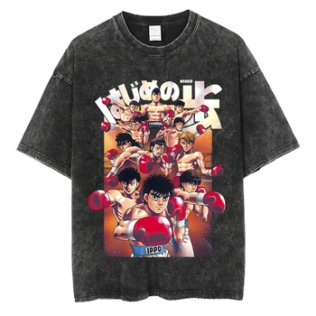 Модные винтажные футболки с принтом японского аниме Hajime No Ippo, мужские футболки Оверсайз, выстиранные футболки, уличная одежда, Летние черные футболки 2023 года.