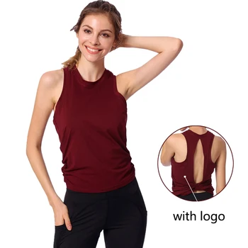 С логотипом, женский спортивный жилет без рукавов, Свободный дышащий Сексуальный вырез, одежда для йоги, топ, нейлоновая однотонная футболка для фитнеса и бега трусцой.