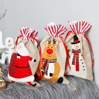 Рождественский подарочный пакет на шнурке, мешочек для упаковки конфет, карман для хранения рождественского печенья, полосатый упаковочный пакет со снеговиком, лосем, Санта-Клаусом