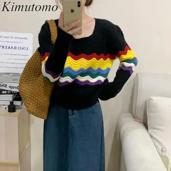 Kimutomo Элегантный Свободный женский свитер в контрастную полоску с вырезами, нежный квадратный воротник, длинные рукава, универсальный вязаный пуловер
