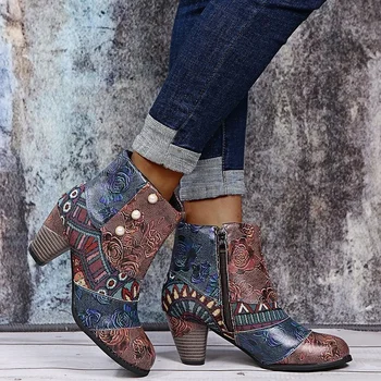 Новые женские ботильоны, осенняя женская обувь из искусственной кожи, этническая водонепроницаемая повседневная винтажная обувь, короткие ботинки на молнии на высоком каблуке, Botas Mujer