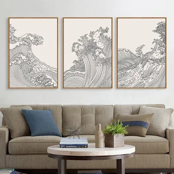 Картина на холсте в японском стиле, линии белых морских волн, декоративные плакаты, картины для интерьера гостиной, настенное искусство, домашний декор