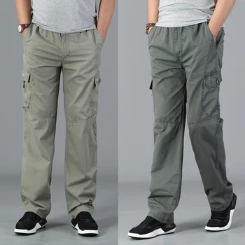 Мужские свободные брюки с эластичной резинкой на талии большого размера, мужские тренировочные дышащие прямые брюки-карго с несколькими карманами