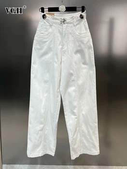 VGH, однотонные лоскутные металлические пряжки, Широкие брюки для женщин, Высокая талия, Свободные повседневные брюки длиной до пола, женская модная одежда