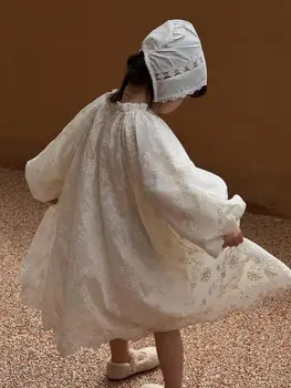 Платье принцессы для маленьких девочек, хлопковое осеннее платье с кружевной вышивкой для малышей, длинное платье с рукавами-пузырями, однотонная детская одежда от 1 до 10 лет