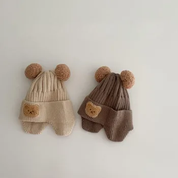 Теплая шапочка и перчатки для младенцев, шапочка с рисунком мишки из мультфильма Kawaii, Шапочка Rochet для малышей, осенне-зимняя уличная шапка и перчатки для девочек